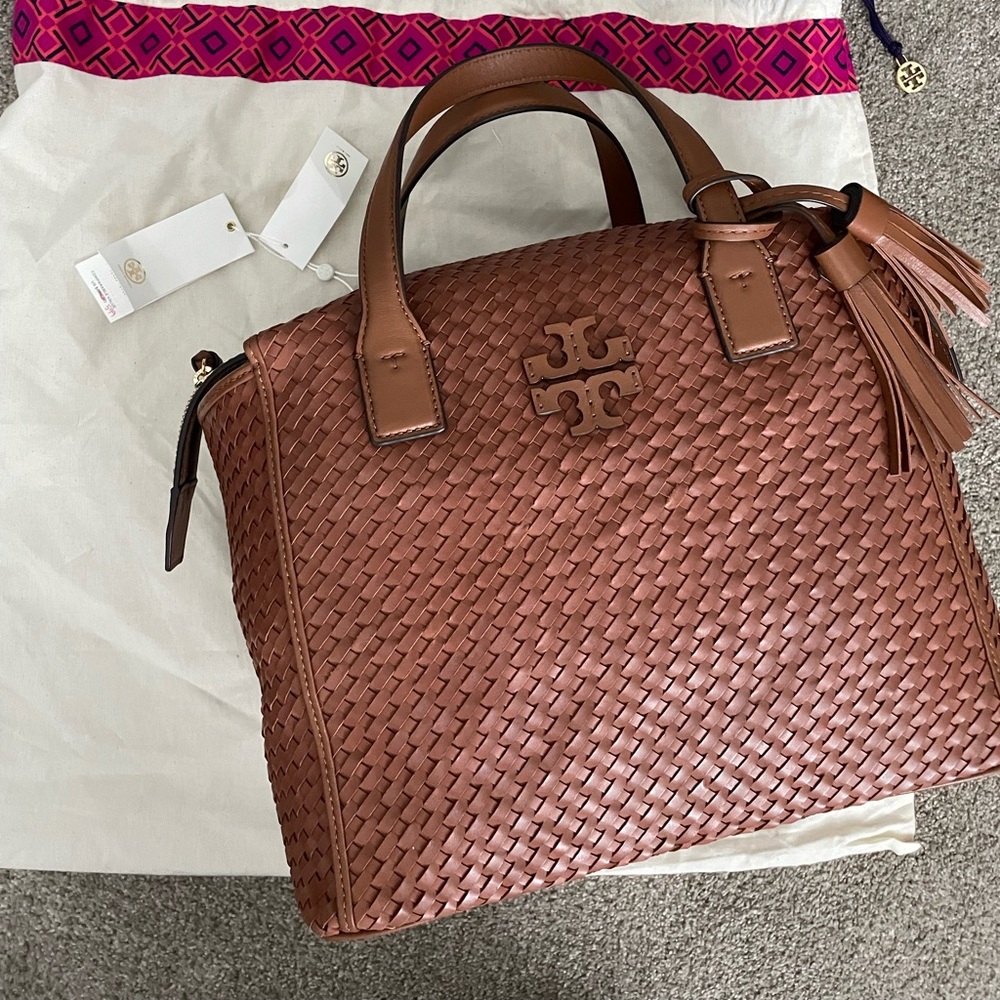 NWT Tory Burch Thea Woven Slouchy Satchel classic tan